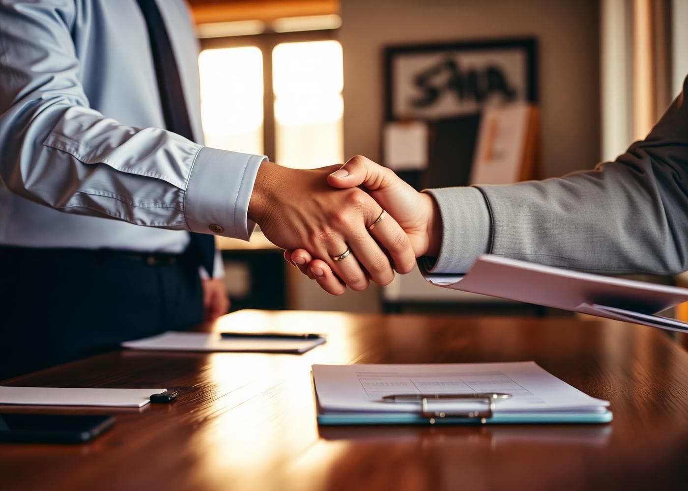 Two professionals shaking hands over a wooden desk